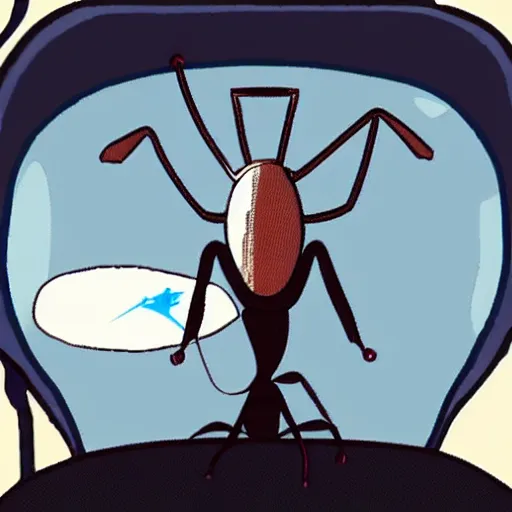 Image similar to an ant wearing an astronaut helmet on an airplane in the style of a cartoon