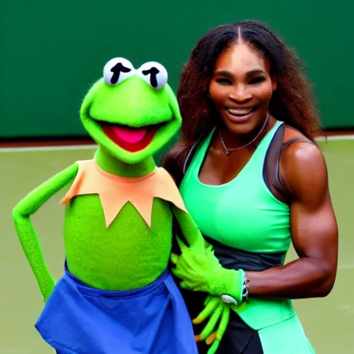 Image similar to Kermit the frog and Serena Williams playing tennis sports journalism 4k hd