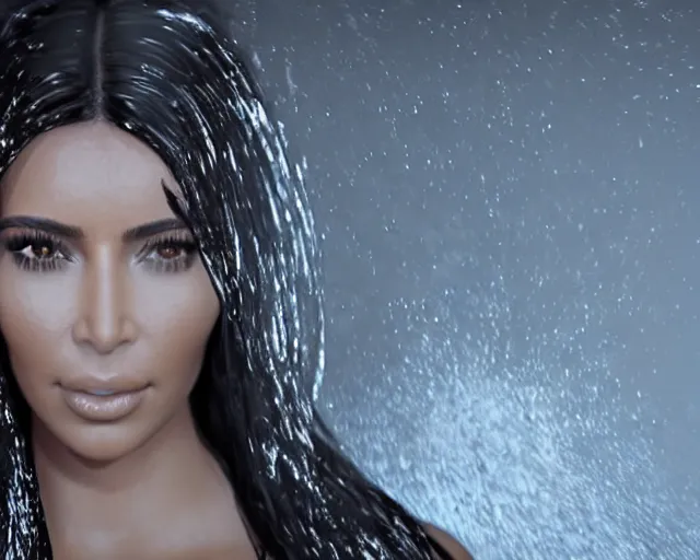 Prompt: epic full shot still of kim kardashian unconscious wearing a black lace dress in a transparent alien liquid, wet flowing hair, gooey skin, illustration, unreal engine 5, 8 k, made by h. r. giger.