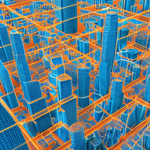 Image similar to an electron microscope image of a sprawling mega city, bokeh, 3D render, magnified, orange and blue wireframe render, 4k HD