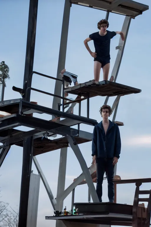 Image similar to timothee chalamet standing on the diving board, red weapon 8 k s 3 5, cooke anamorphic / i lenses, highly detailed, cinematic lighting