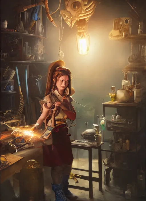 Image similar to An epic fantasy comic book style portrait painting of a young tinker girl working on a device in her workshop, unreal 5, DAZ, hyperrealistic, octane render, cosplay, RPG portrait, dynamic lighting