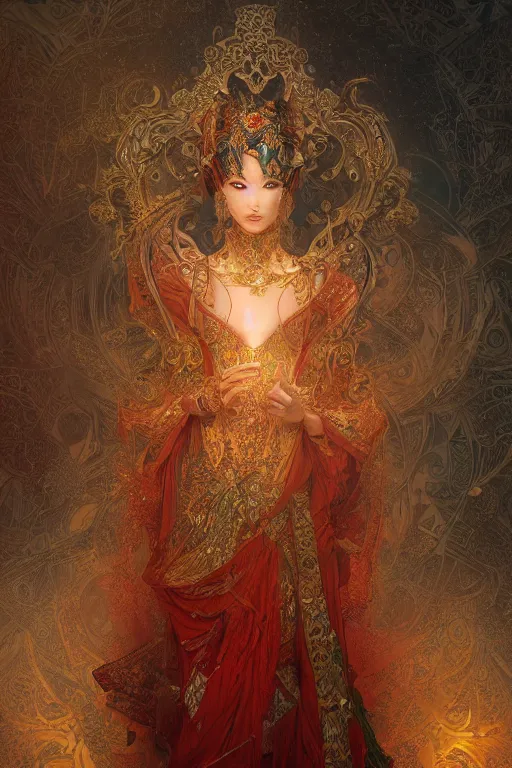 Image similar to tarot card artstation, portrait of an asian love dancer, sunrise, baroque ornamnet and rococo ornament, ancient chinese ornate, hyperdetailed, beautiful lighting, craig mullins, mucha, klimt, yoshitaka amano, red and gold and orange color palatte