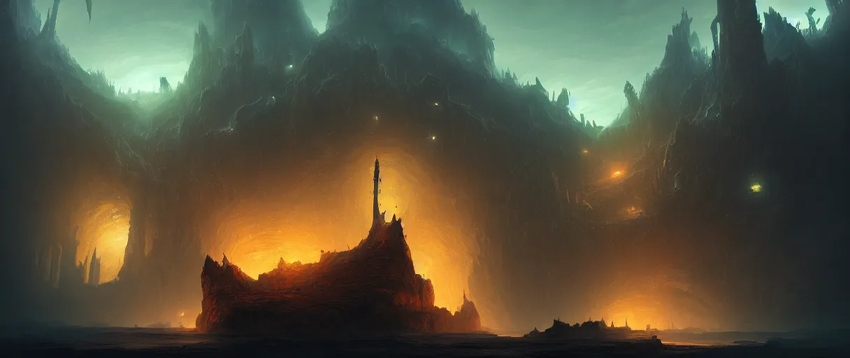 Prompt: digital painting of a floating islands in space, style of demons souls, concept art, high angle, high detail, warm lighting, dark, vivid, beautiful, trending on artstation, by Jordan grimmer, no focus, huge scene, terrain visible