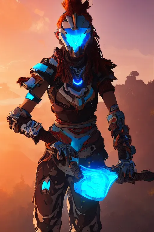 Image similar to combination suit armor aloy horizon forbidden west horizon zero dawn radiating a glowing aura global illumination ray tracing hdr fanart arstation by ian pesty and alena aenami artworks in 4 k tribal robot ninja mask helmet backpack