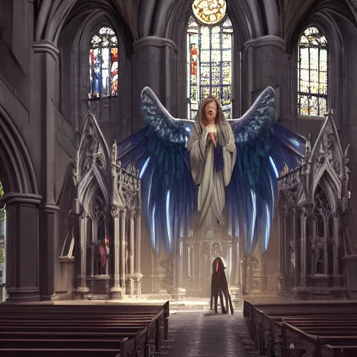 Image similar to angel protecting man who is praying inside a gothic church by Stanley Artgerm Lau, WLOP, Rossdraws, James Jean, Andrei Riabovitchev, Marc Simonetti, Yoshitaka Amano, ArtStation, CGSociety