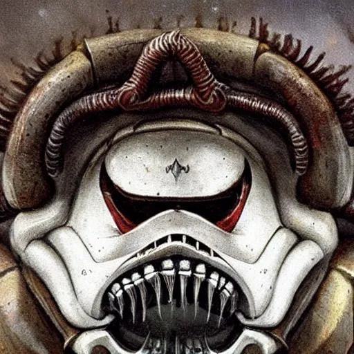 Prompt: close up front view of a demonic horned stormtrooper with compound eyes, symmetrical, by jean - baptiste monge!!!!!!!!!!!!!!!!!!!!!!!!!!!