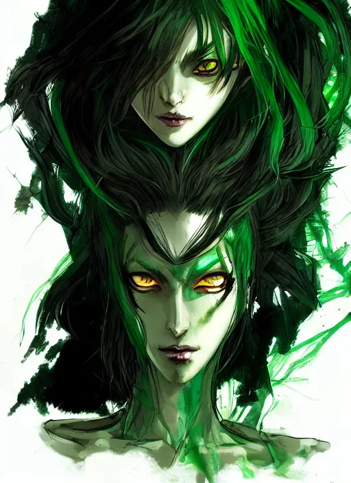 Image similar to Half body portrait of a beautiful dryad blood mage with green hair. In style of Yoji Shinkawa and Hyung-tae Kim, trending on ArtStation, dark fantasy, great composition, concept art, highly detailed.