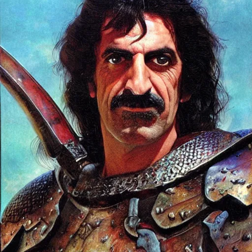 Image similar to portrait of frank zappa wearing armor and holding sword by frank fazetta, fantasy, barbarian