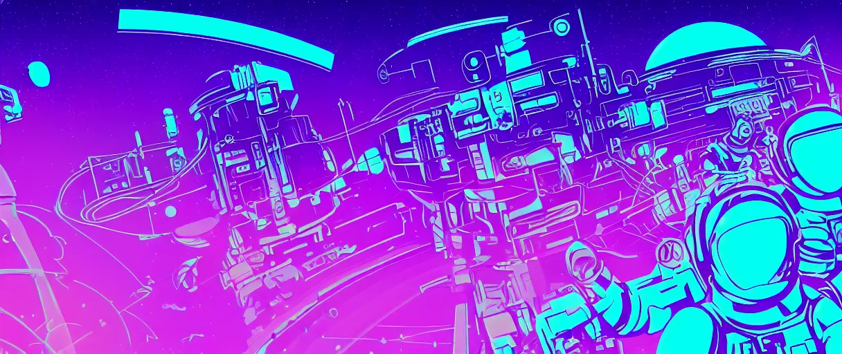 Prompt: hyper detailed 2060s neo-surreal neon purple and teal propaganda poster of space workers key sage sharp cinematic lighting 8k wide angle shallow depth of field