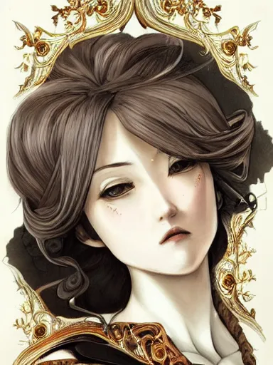 Image similar to a woman's face, baroque style, elegant, beautiful, mesmerizing, concept art, fancy clothing, highly detailed, artstation, behance, deviantart, inspired by innocent manga, inspired by castlevania concept art, trending, ayami kojima, shinichi sakamoto