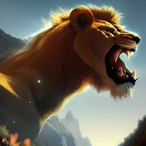 Prompt: a lion roaring on a mountain with lighting bolts shooting from its mouth, dramatic lighting, cinematic, establishing shot, extremely high detail, photo realistic, cinematic lighting, post processed, concept art, artstation, matte painting, style by eddie mendoza, raphael lacoste, alex ross