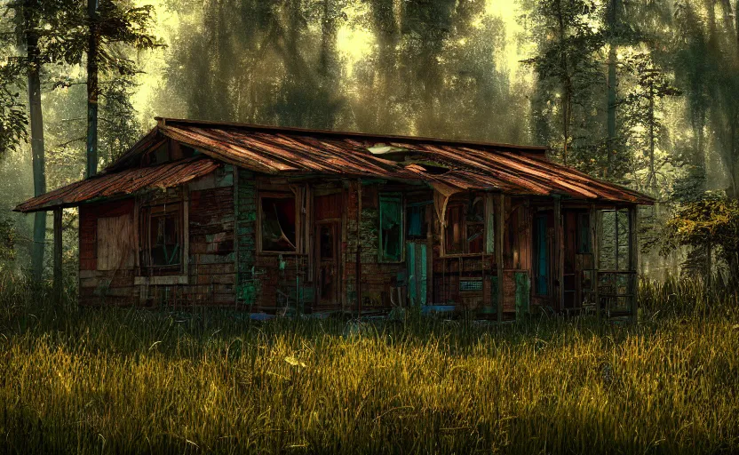 Prompt: photorealistic abandoned cyberpunk rustic metal cabin in a lush forest. daylight. sunlight. lens flare. light fixtures. 8K. detailed. photorealism. artstation. 25mm f/1.7 ASPH Lens. ultra realistic