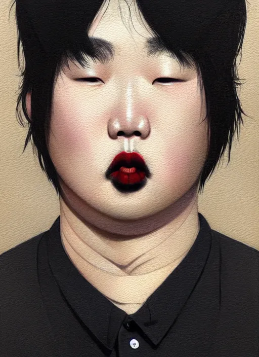 Image similar to portrait of a plump korean man with a crooked nose and a confident expression, 1 9 6 0 s, black clothes, goth, punk, brightly coloured hair, funk, intricate, elegant, highly detailed, digital painting, artstation, concept art, smooth, sharp focus, illustration, art by wlop, mars ravelo and greg rutkowski