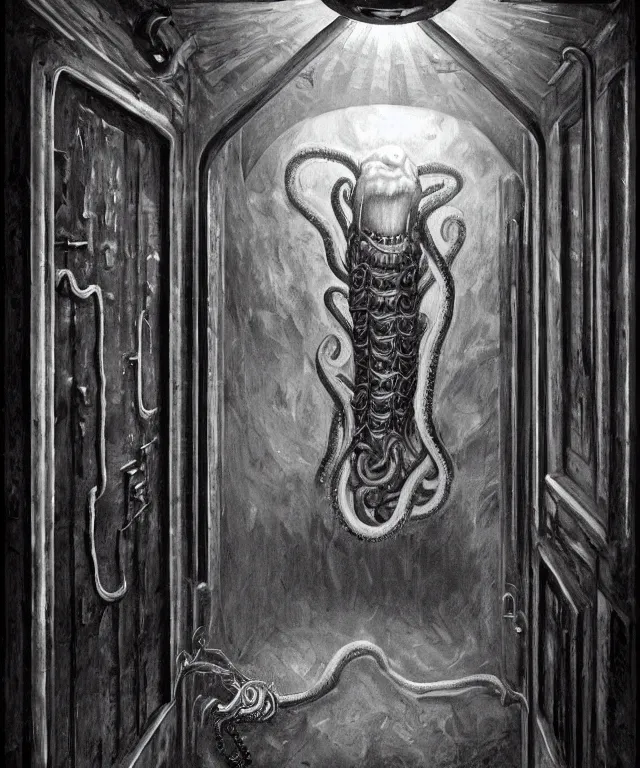 Prompt: horrifying photorealistic painting of a 1 9 2 5 hotel elevator lobby with teeth instead of elevator doors, opening sideways with a tentacle licking out, dark, atmospheric, brooding, smooth, finely detailed, cinematic, epic, lovecraft, in the style of larry elmore