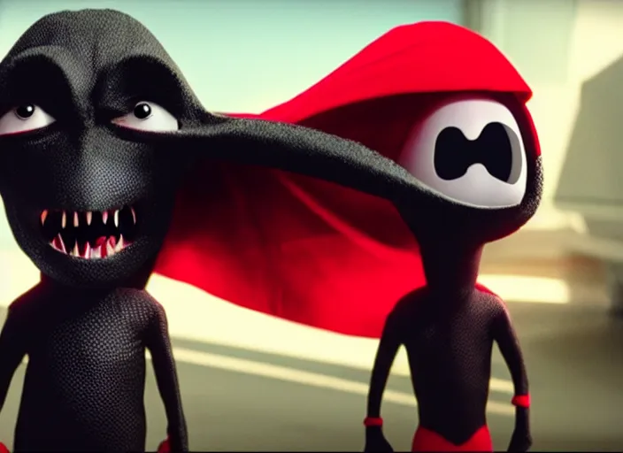 Image similar to film still of real life nibbler, a small black alien with a single antenna on his head, large eyes and 2 fangs wearing a diaper and red cape in the new scifi movie, 4 k