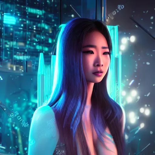 Prompt: a portrait of a full body beautiful futuristic asian girl, young with long hair, neon bioluminescence, in underwater city, hyper - realistic, very detailed, intricate, very sexy pose, slight smile expression, unreal engine, dramatic cinematic lighting rendered by octane, 8 k, detailed