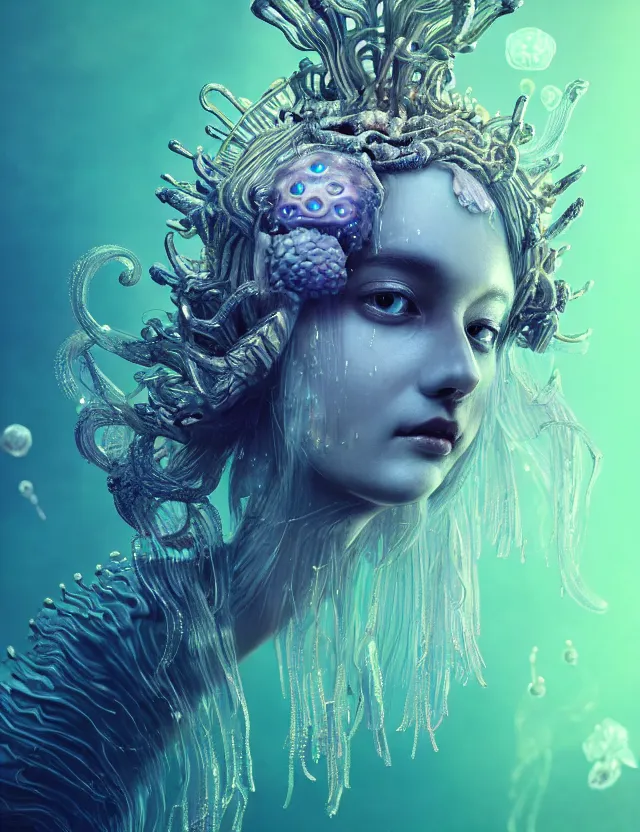 Image similar to goddess macro close - up portrait wigh crown made of ram skull. betta fish, jellyfish phoenix, bioluminiscent, plasma, ice, water, wind, creature, super intricate ornaments artwork by tooth wu and wlop and beeple and greg rutkowski