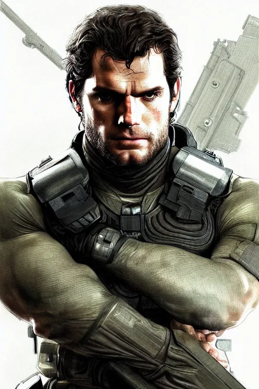 Image similar to portrait of henry cavill as solid snake, metal gear solid, upper body,, henry cavill!!!, fantasy, intricate, elegant, highly detailed, digital painting, artstation, concept art, smooth, sharp focus, illustration, art by artgerm and greg rutkowski and alphonse mucha