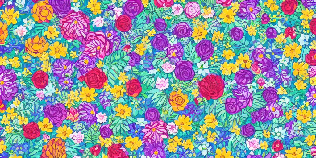 Prompt: flowers pattern, by anastasia beltyukova, intricate, sharp focus, detailed, lively colors, studio ghibli color scheme
