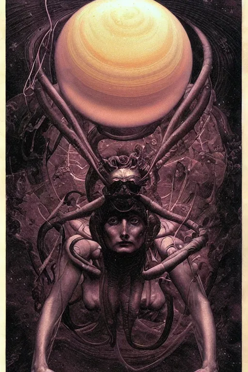 Image similar to saturn in the style of wayne barlowe, gustav moreau, goward, bussiere, roberto ferri, santiago caruso, luis ricardo falero, austin osman spare