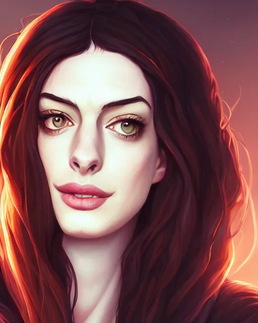 Image similar to a portrait of a beautiful Anne Hathaway witch, art by lois van baarle and loish and ross tran and rossdraws and sam yang and samdoesarts and artgerm, digital art, highly detailed, intricate, sharp focus, Trending on Artstation HQ, deviantart, unreal engine 5, 4K UHD image