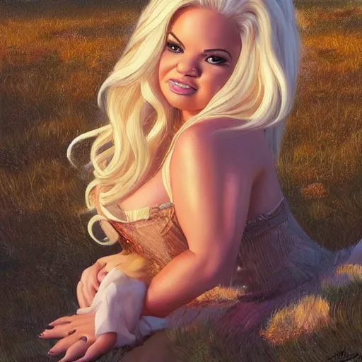 Image similar to clear portrait of trisha paytas, adorable appearance!!!, golden hour, happy apearance, cottagecore!!, background hyper detailed, character concept, full body, dynamic pose, intricate, elegant, highly detailed, digital painting, artstation, concept art, smooth, sharp focus, illustration, art by artgerm and greg rutkowski and alphonse mucha