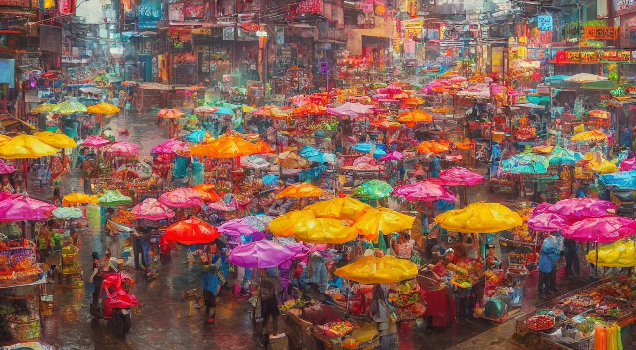 Prompt: a food street market scene in asia, colourful, raining, reflections, new vegas style, vibrant, 4k, artstation, cgsociety