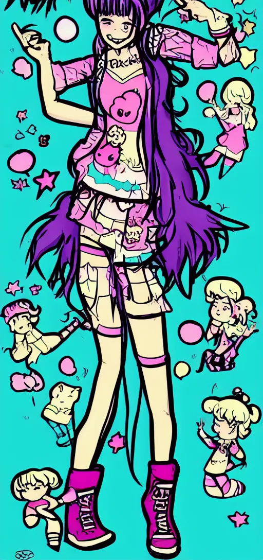 Prompt: a kawaii pastel goth raver hippie girl with wild hair, in the style of archie comics (1963), full body character concept art, one person, artstation, HQ scan, toon shading, cel shading,