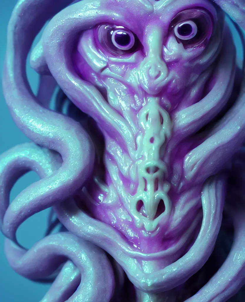 Image similar to goddess princess beautiful face close-up portrait ram skull plasticine sculpture. jellyfish phoenix head, nautilus, orchid, skull, betta fish, bioluminiscent creatures, intricate artwork by Tooth Wu and wlop and beeple. octane render, trending on artstation, greg rutkowski very coherent symmetrical artwork. cinematic, hyper realism, high detail, octane render, 8k