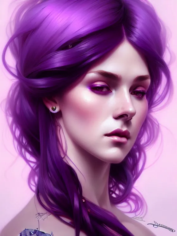 Image similar to Purple hair, creative colouring Portrait of woman, fashion, intricate, elegant, highly detailed, digital painting, artstation, concept art, smooth, sharp focus, illustration, art by artgerm and greg rutkowski and alphonse mucha