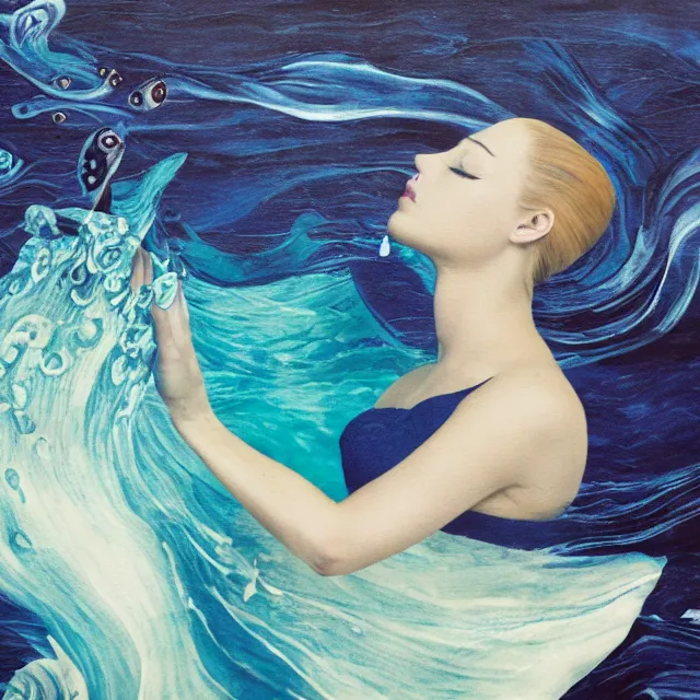 Image similar to a female art student falling asleep, iceberg, dark, sensual, dreamy, waves, swirls, blue drips, fish, blueberries, octopus, neo - impressionist, surrealism