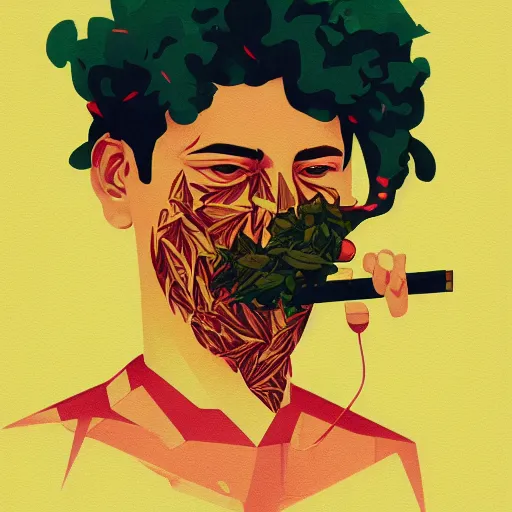 Prompt: profile picture of smoking marijuana by sachin teng, organic painting, marijuana, hiphop, hard edges, energetic, 3 d shapes, asymmetrical, smoke, warm, inviting, highly detailed, by sachin teng