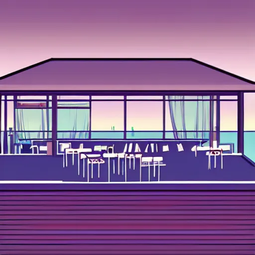 Prompt: rooftop bar overlooking beach in the style of Antoni Guadi, in the style of Mies van der rohe, digital illustration, Style of Moebius