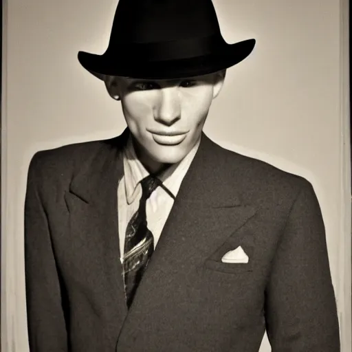 Image similar to A photograph portrait of Jerma985 wearing a suit with and fedora in the 1950s, taken in the early 1950s, grainy, taken on a 1950s Kodak Camera, realistic, hyperrealistic, very realistic, highly detailed, very detailed, extremely detailed, detailed, digital art, trending on artstation