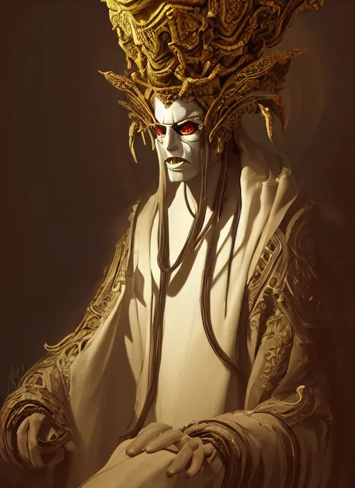 Prompt: slender high priest in a dark ornate robe, carved ivory headpiece, subsurface scattering, by jesper ejsing, justin gerard, tomasz alen kopera, cgsociety and fenghua zhong, highly detailed, rim light, cinematic lighting, illustration, art, octane render, very coherent, cinematic, high detail, octane render, 8 k