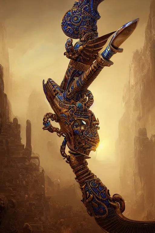 Prompt: fantasy greg rutkowski digital painting of an ornate and royal egyptian old twisted organic ornate engraved with gold wooden staff weapon with a radiant blue crystal on top tip hovering, unreal engine, hyper realism, realistic shading, cinematic composition, blender render, octane render, hdr, detailed textures, photorealistic, 3 5 mm film