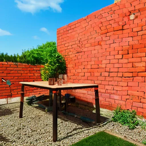 Prompt: fenced in garden, orange brick fence, wood fired bbq and wooden table covered by trellis with vines, bright sunny day, blue skies, no clouds, artistic rendering 8k