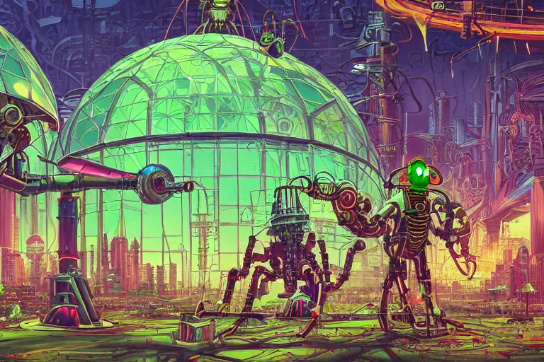 Prompt: perspective view of a giant steampunk hybrid mantis harvesting bulbs of energy filled with green jelly, robot metallic armor, minimalist design, science fiction, neon city domes, neo - gothic, gothic!!, character concept design by dan mumford, josan gonzales, chris foss, dynamic light, vibrant colors