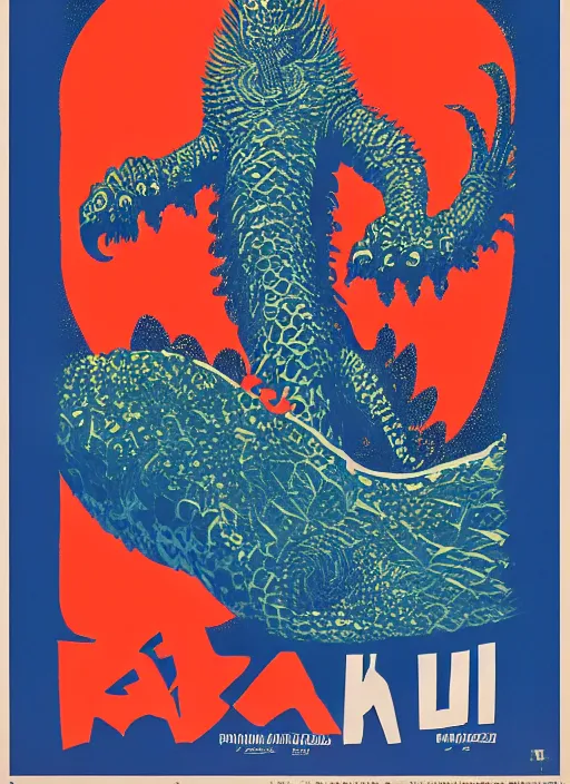 Prompt: Polish posters for kaiju film. Screen printed, silkscreen, paper texture. 1968