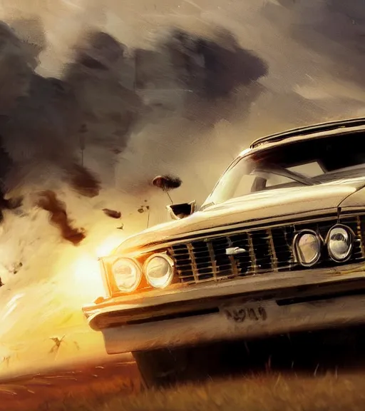 Image similar to high quality high detail painting by alberto mielgo and jaime jones, car chase, cinematic, hd