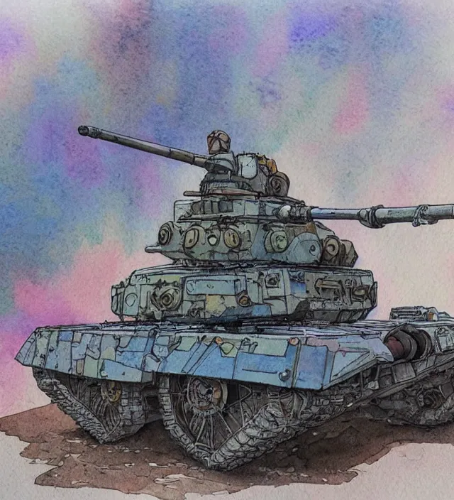 Image similar to a 3 / 4 view watercolor ink painting of a post - apocalyptic tank in the style of jean giraud in the style of moebius trending on artstation deviantart pinterest detailed realistic hd 8 k high resolution