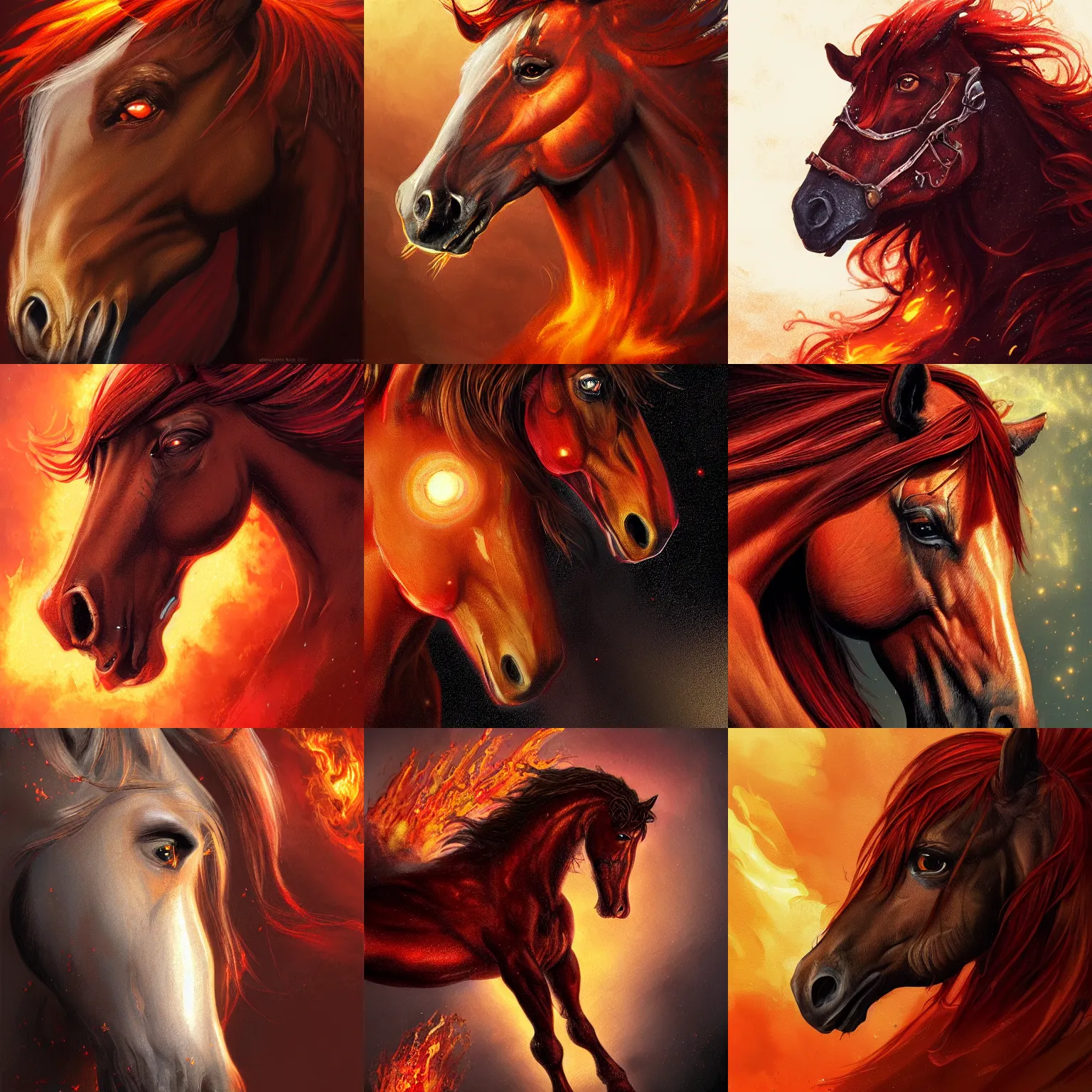 Prompt: horse close - up, reddish - brown, fire and flames mane, sparkles, medieval, highly detailed, digital painting, artstation, concept art, sharp focus, illustration, frazetta, aleksi briclot, rutkowski