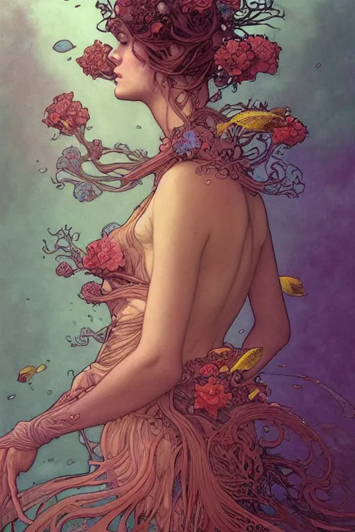 Image similar to portrait of a beautiful mysterious woman underwater, hidden hands holding a bouquet of flowers, corals and fish, by eve ventrue, michael carson, andreas rochas, john watkiss, casey weldon, artgerm. art nouveau. tarot card by mucha. gloomhaven. swirly intricate linework background. gaudy colors, sharp edges. octane render