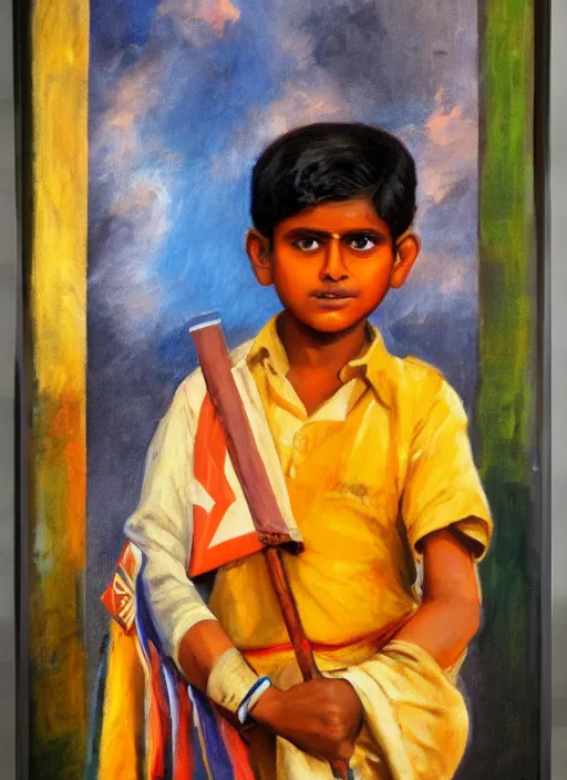 Image similar to a young indian boy holding an indian flag, backlit, oil painting, art, cinematic