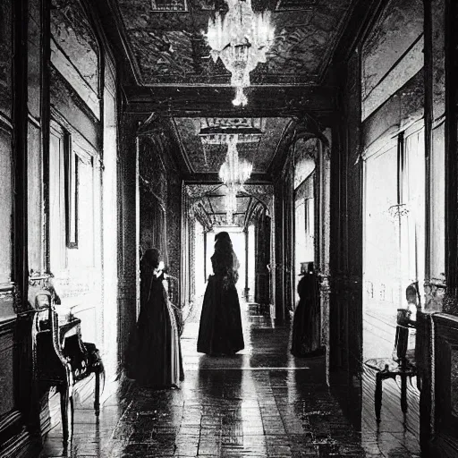 Image similar to a beautiful victorian woman is frightened by her doppleganger in a mirror. she is in a long hallway of mirrors. victorian interior, with many mirrors, elegant design, haunting atmosphere, dark lighting, gothic, horror style, swirling fog, volumetric lighting, by greg rutkowski, realistic, low angle, 3 / 4 view.