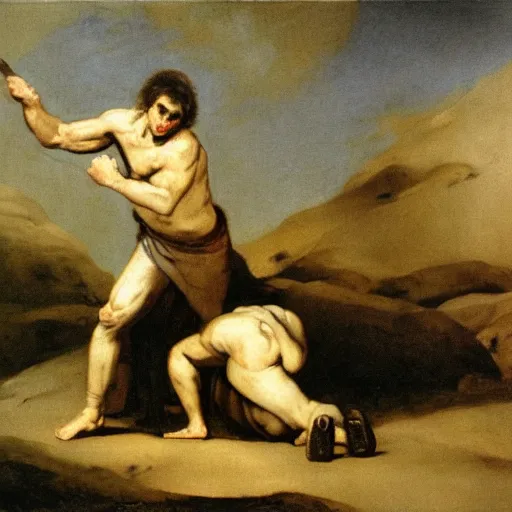 Prompt: Cain vs Abel by francisco goya, mythological painting, oil painting