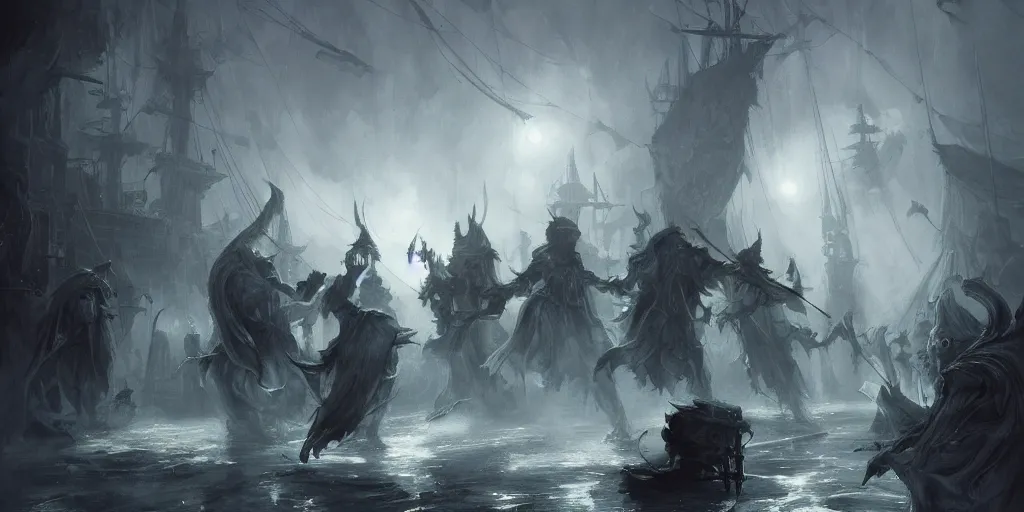 Image similar to D&D fighting ghosts wraiths specters spirits on ship lower deck, dark fantasy, intricate, highly detailed, digital painting, artstation, concept art, smooth, sharp focus, great composition, illustration, wide angle shot, full body visible, art by Greg Rutkowski, trending on artstation