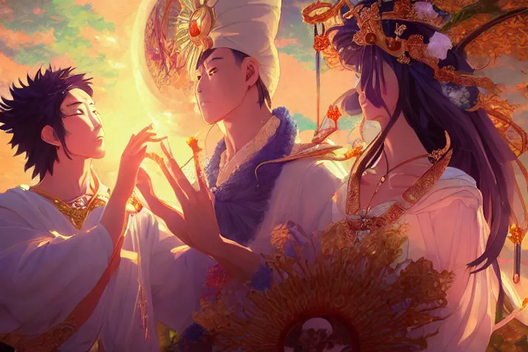 Image similar to close up moment of a divine a japan sun god and a moon goddess lovers magician at a wedding banquet, highly detailed, d & d, fantasy, 4 k realistic, digital painting, trending on artstation, concept art, sharp focus, illustration, art by makoto shinkai and akihiko yoshida and daniel gerhartz