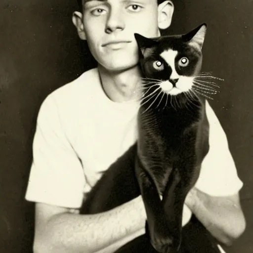 Image similar to a photo of a young man with a cat sitting on top of his head